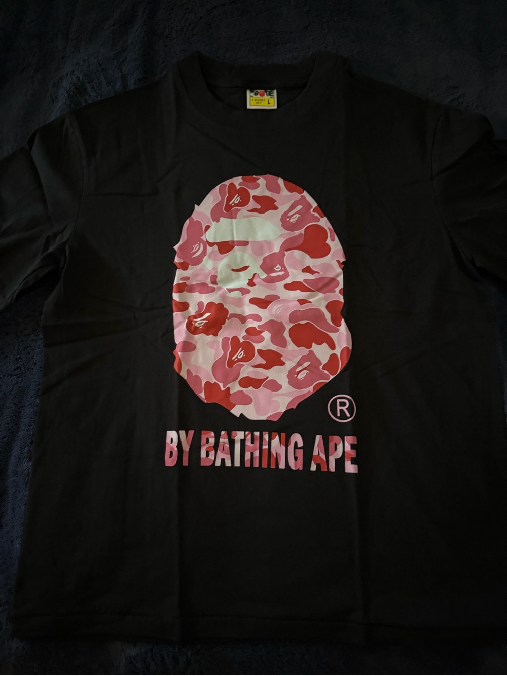 Bape Black Tee with Pink Camo Ape Head Graphic